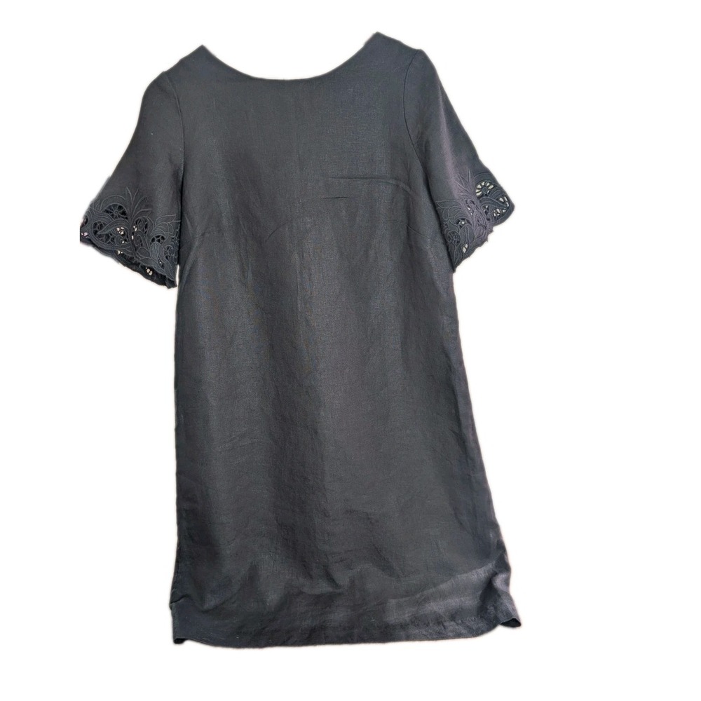 Chico's Black 100% Linen Shift Dress Size 1 US 8 Embroidered Eyelet Sleeve